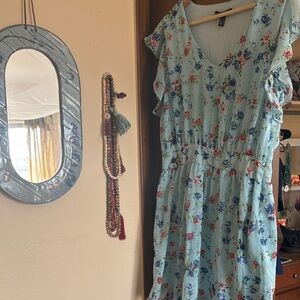 Ming Floral Blue Dress with Ruffle Sleeves